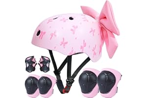 Helmet for Kids 8-14 with Knee Pads and Elbow Pads Set, Kids Bike Helmet with DIY Bow, Adjustable Youth Girls Helmets for Bic