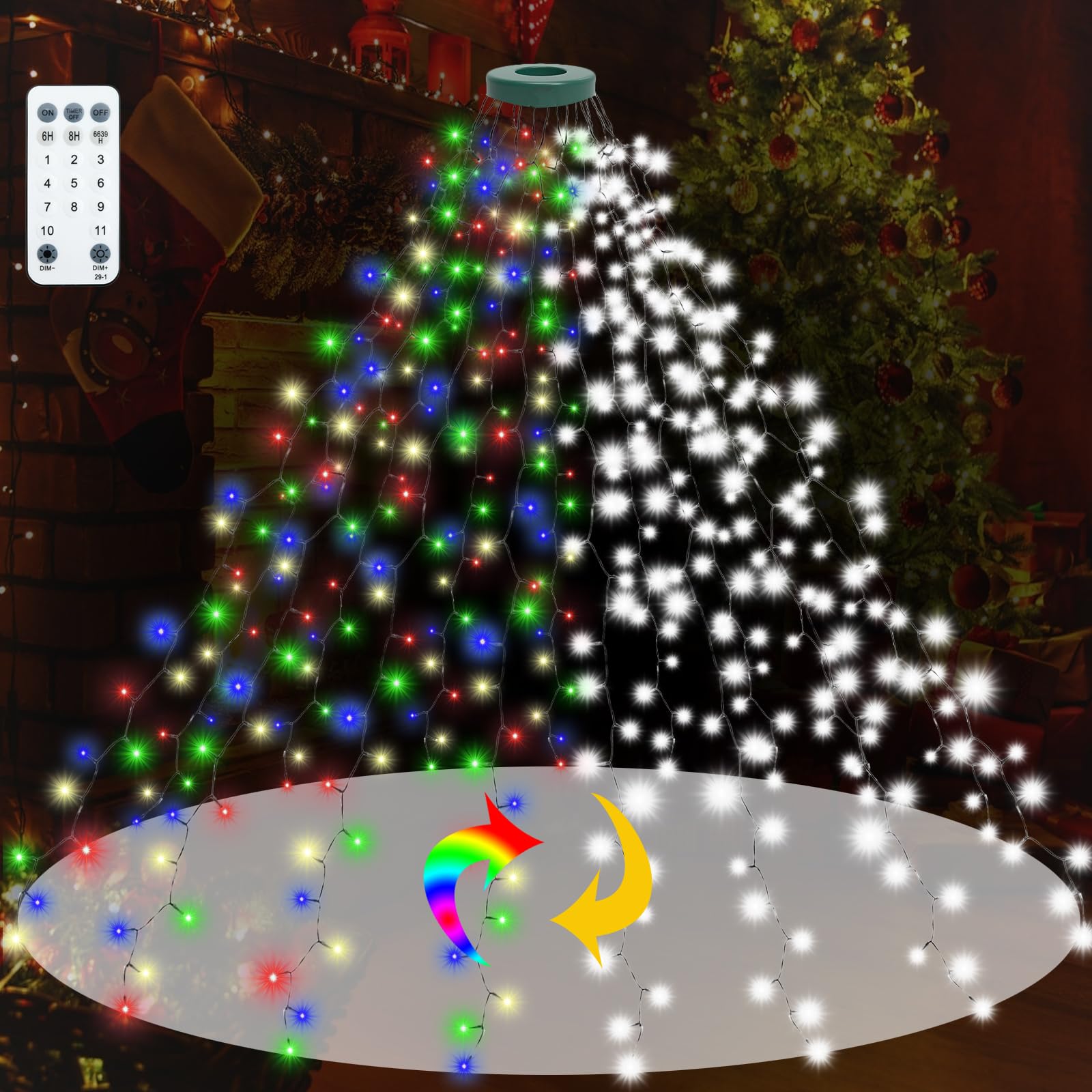 Photo 1 of 9.2ft x 16 Lines Multicolor to White Color Changing Christmas Tree Lights with Ring, 480 LEDs Xmas String Lights w/Remote,11 Light Mode, Timer & Memory for 5-9.2ft Christmas Tree Decorations