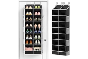 Yecaye 8 Tier Over the Door Shoe Organizer of Deep 16 Compartments, 50lbs Load Shoe Rack for Door in Oxford Holds 16-24 Pairs, Stain-Resistant Hanging Shoe Organizer for Closet, Black