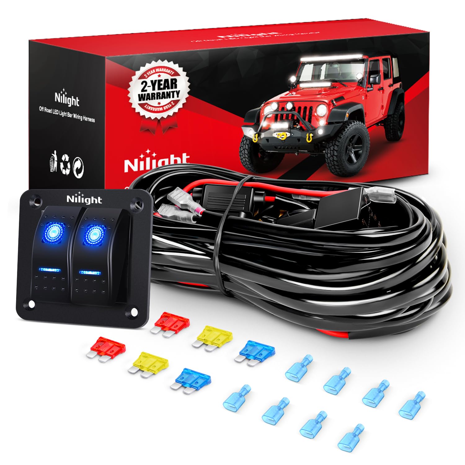 Nilight 16AWG LED Light Bar Wiring Harness Kit 12V On/Off 2 Gang Rocker Switch Panel Power Relay Blade Fuse 5Pin Toggle Switches for Cars Boat ATV Trucks-4 Leads