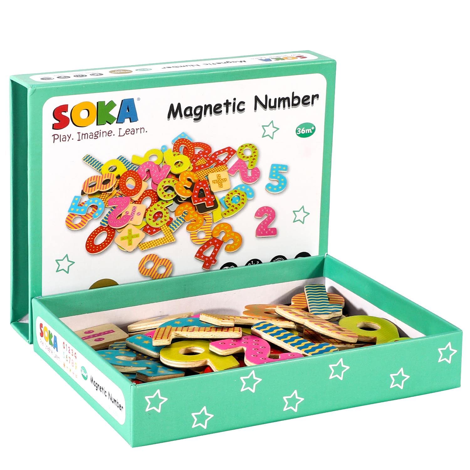 SOKA Magnetic Wooden Numbers (60 pcs) Early Developmental Toy Learning Fridge Magnet Activities ABC Educational Montessori Children Toddler Games for Kids Girls Boys 3 year old +