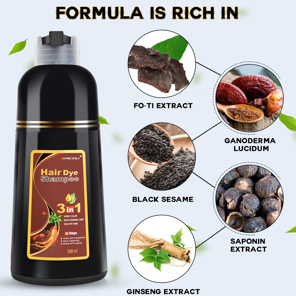 IIIMEIDU Hair Dye Shampoo 3 in 1 for Gray, Black Hair, Herbal Ingredients for Women Men, Grey Coverage 500ml (Chestnut)