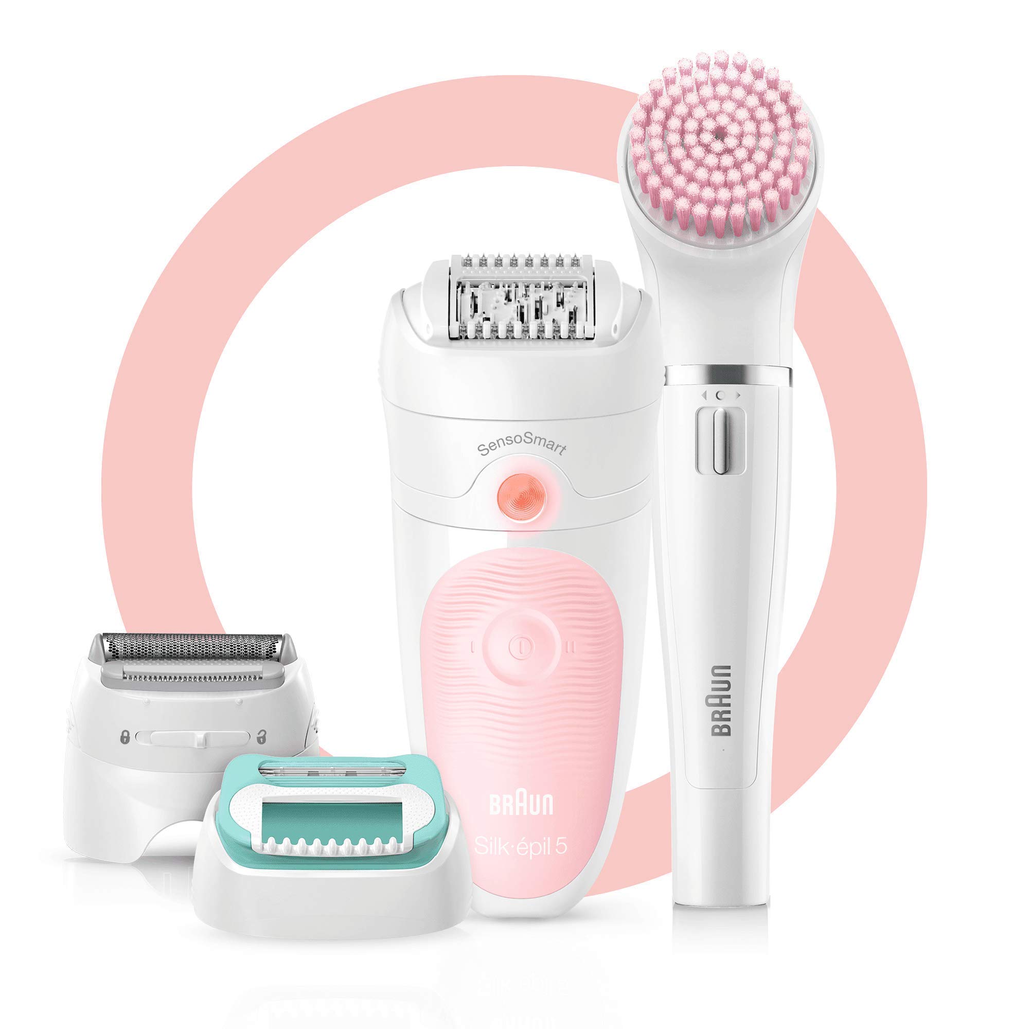 Braun Silk-épil 5 Beauty Set, 4-in-1 SensoSmart Epilator for Women For Hair Removal, With Lady Shaver & Trimmer Head, Facial Cleansing Brush, UK 2 Pin Plug, 5-875, White/Pink