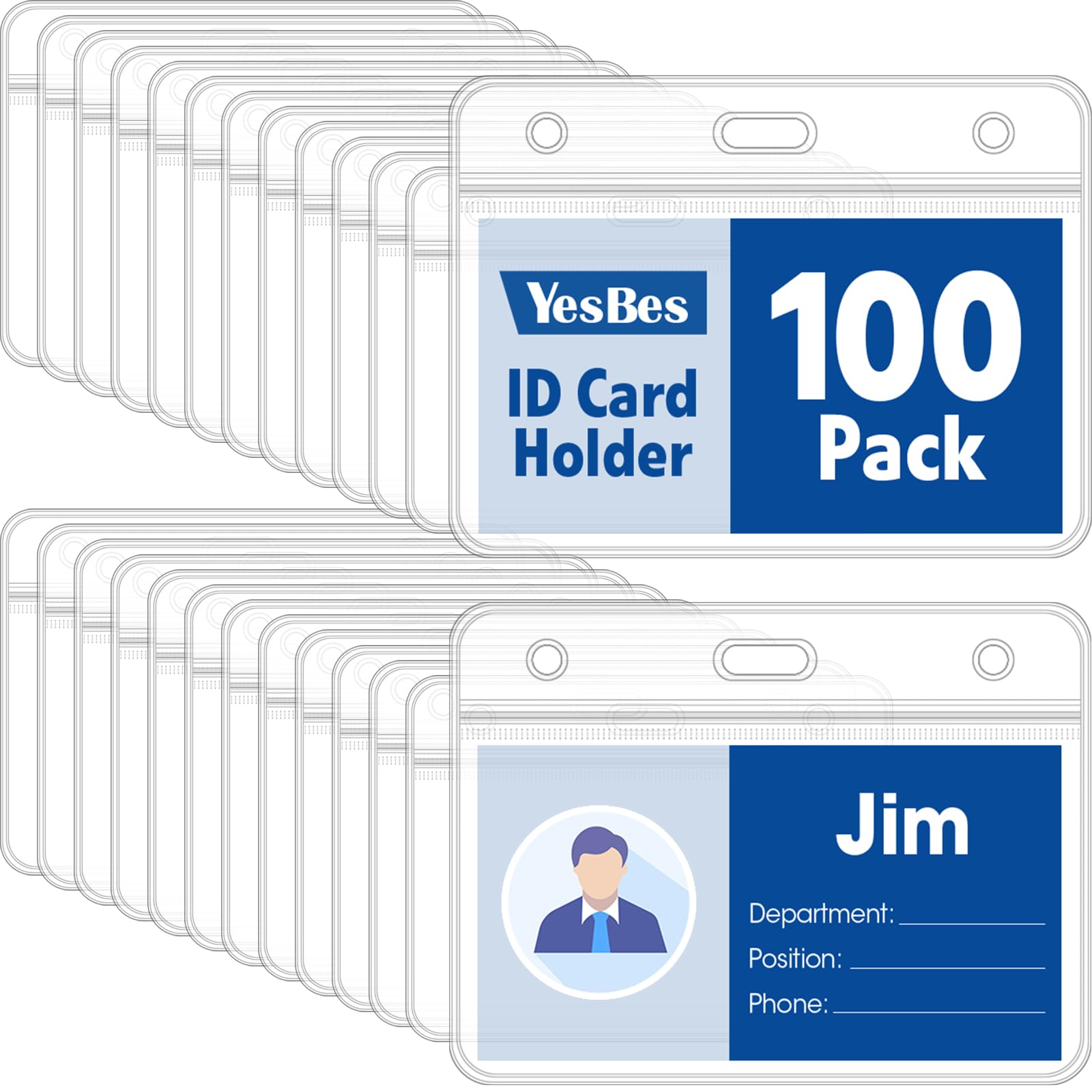 Photo 1 of 100 Pcs Horizontal Badge Holders, Extra Thick ID Card Name Tag Badge Holder with Resealable Zip, Waterproof ID Badge Holder