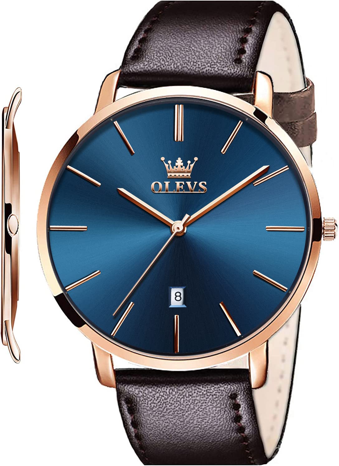 OLEVS Mens Wrist Watches Ultra Thin 6.5mm Minimalist Leather Blue Dial Watch Business Dress Waterproof Date Slim Watches for Men