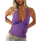 CSDAJIO Sexy Silk Satin Deep V Neck Halter Tops for Women Tie Back Tank Top Going Out Low Cut Backless Shirt