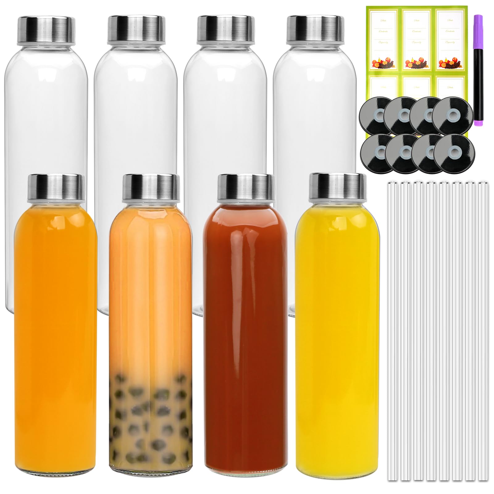 Photo 1 of Encheng 16oz Glass Bottles,Reusable Glass Juice Bottles with Lids and Straws,Set of 8,Clear Glass Water Juicer Containers with Two-types of Lid for Beverage,Smoothies,Milk,Iced Coffee,Tea,Sauces