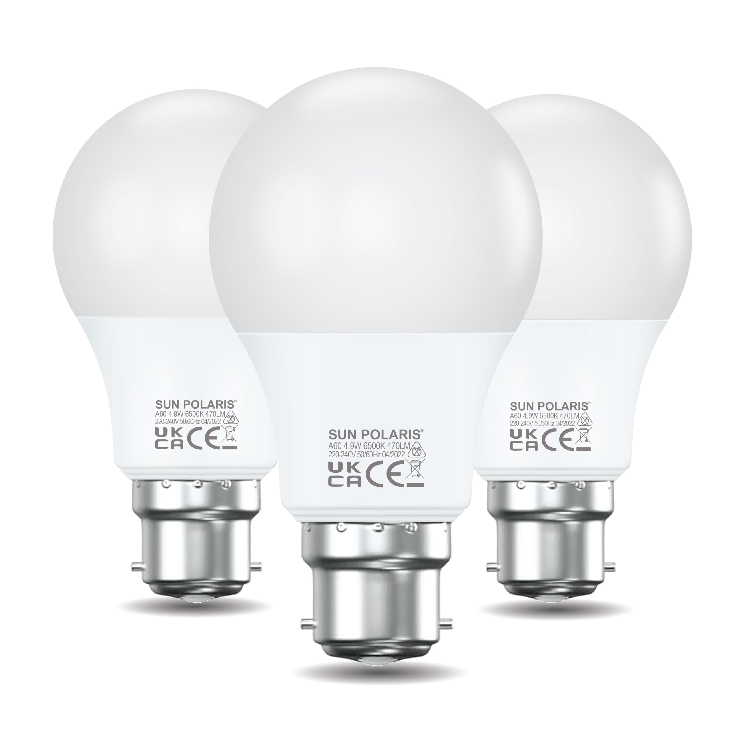 SUN POLARIS Bayonet Led Light Bulb –Daylight Cool White 6500k 40w Equivalent 4.9 watt lightbulbs, 470 Lumens Non Dimmable Energy Saving 2 pin BC B22 Fitting Lightbulb, Bright Standard GLS Bulbs 3 Pack