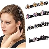 4 Pcs Sparkling Crystal Stone Braided Hair Clips, Elegant Flower Shape Rhinestone with 3 Small Clips for Styling, Double Layer Braided Duckbill for Women for Thick Thin Hair Accessories