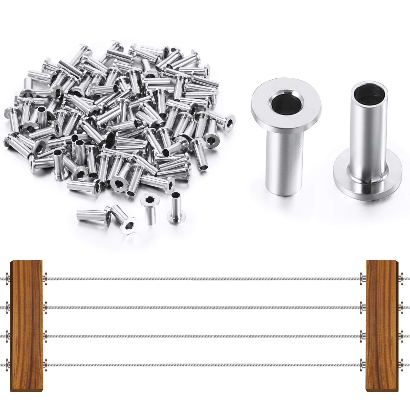 Photo 1 of 100 Pieces Stainless Steel Protector Sleeves, Cable Railing T316 Protector Sleeves, Suit 1/8, 5/32, 3/16 Inch Wire Rope, Rust Proof Decking Handed Handrail for Stair, Metal Post, Balustrade