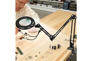KUVRS 12X Magnifying Glass with Light and Clamp, Ultra Long 3-Section Arm LED Lighted Desk Magnifier, Helping Hand Solder Station, 5 Color Stepless Dimming, 4-Way Large Clip for Craft Workbench Repair