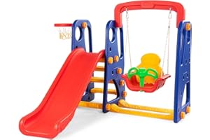 Costzon Toddler Long Slide Set, 3-in-1 Large Climber Playset w/Basketball Hoop, Stairs, Thickened Panel, Playground Swing for Indoor Outdoor Backyard 3-10 Gifts Presents