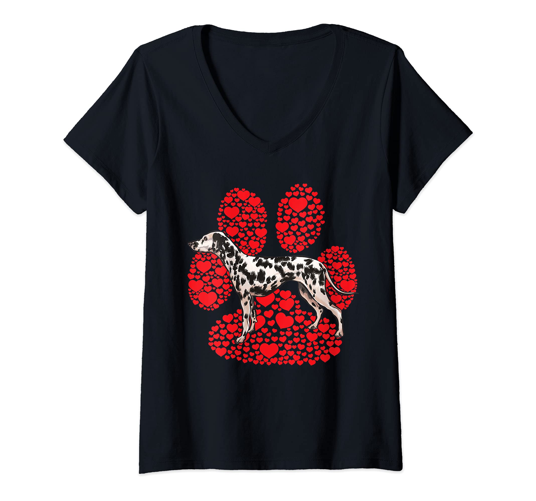 Womens Dalmatian Valentines Day Dog Love Paw V-Neck T-Shirt