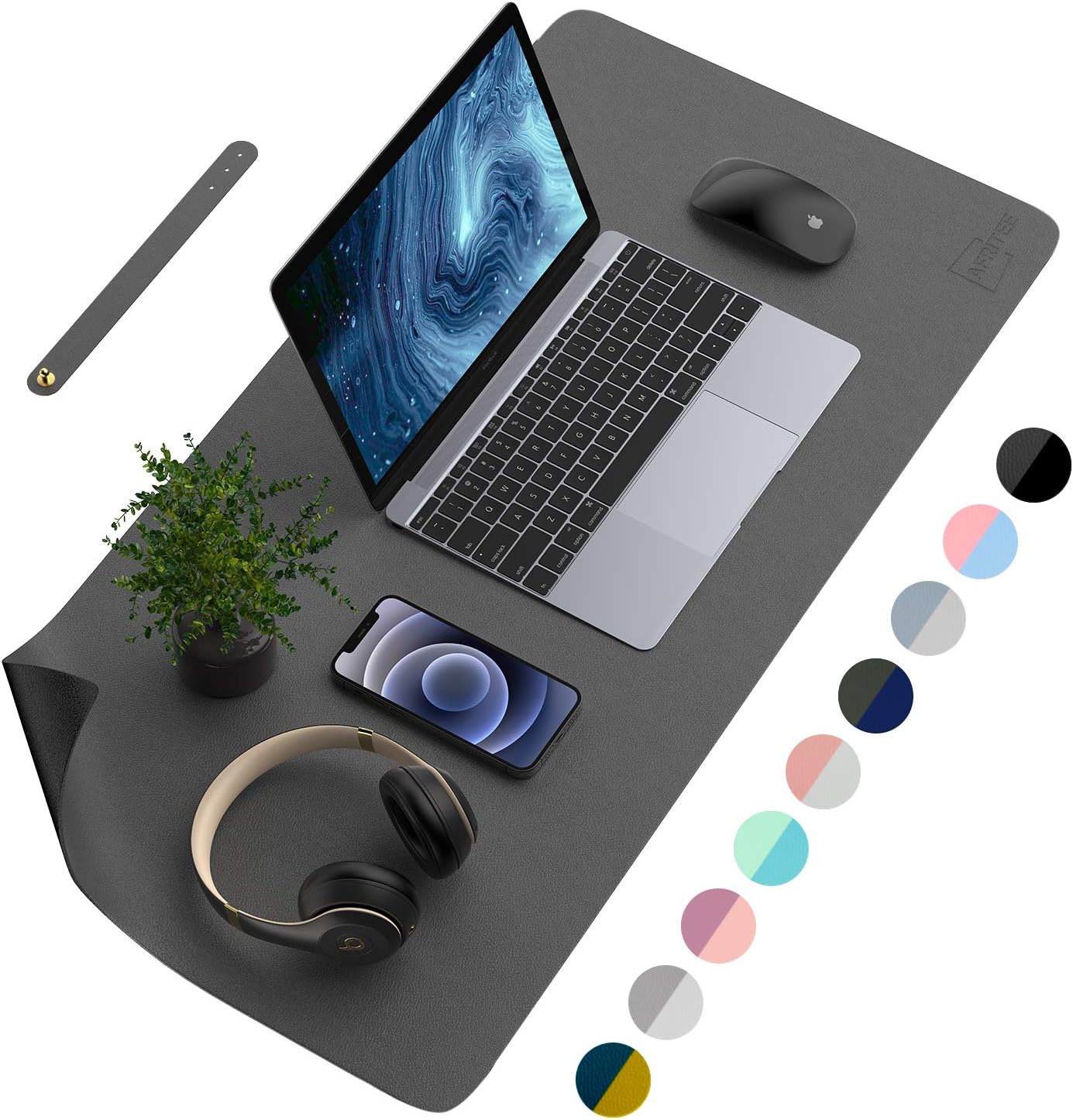 AFRITEE Desk Pad Protector Mat - Dual Side PU Leather Desk Mat Large Mouse Pad Waterproof Desk Organizers Office Home Table Decor Gaming Writing Mat Smooth (Black/Dark Gray, 35.4" x 17")