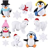 FEPITO 12 Pcs Winter Resin Penguin Polar Bear Snowflakes Miniature Figurine Mini Christmas Figures for DIY Garden Home Decor 