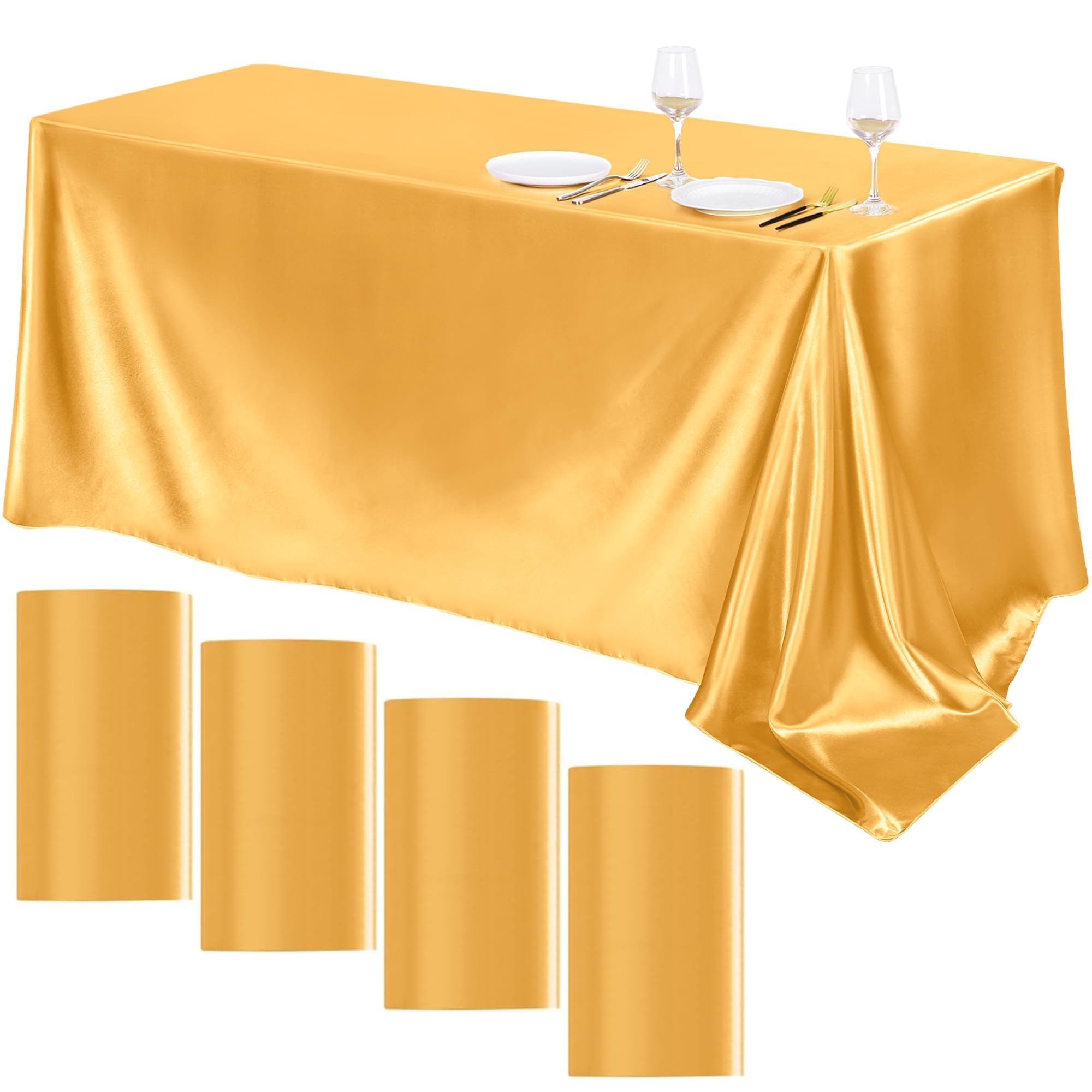 Photo 1 of TURSTIN 4 Packs Gold Satin Tablecloth 102 x 58 Inch Overlay Satin Table Cover Rectangle Bright Silk Tablecloth Smooth Fabric Table Decoration for Wedding Banquet Party Events
