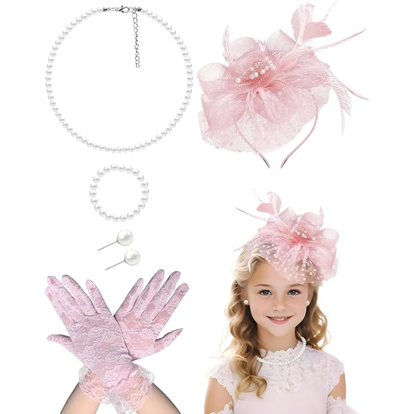 6493 5 Pcs Pink Fascinators Tea Party For Women Headwear Lace Glovess Faux Thinkday 18 Pcs Fascinator Tea Party Hats and Lace Gloves  main image 3