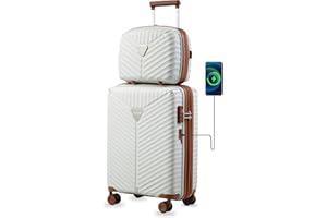 LUGGEX White Carry On Luggage with USB Port, PP Lightweight Suitcase with 14 Inch Case, Expandable Luggage 2 Piece