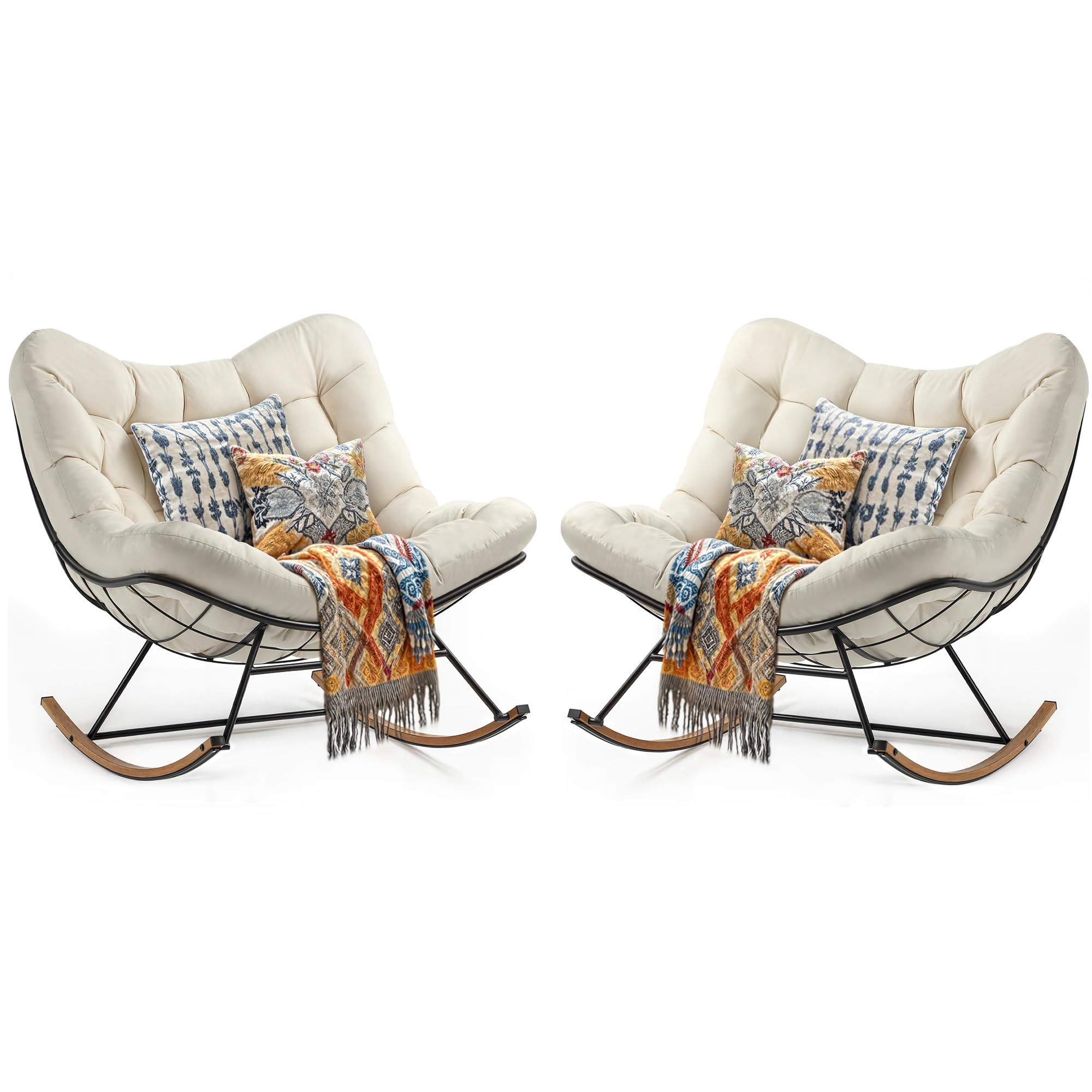 Photo 1 of **MISSING CHAIR** YITAHOME Oversized Rocking Papasan Chair Set of 2, Comfy Indoor and Outdoor Lounge Chair with Thick Cushion for Bedroom, Living Room, Patio, Porch, Garden, Deck, Lawn (Beige)