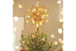 Luxspire Christmas Tree Topper, 3D Star Lighted Tree Topper, Christmas Decorations, Plug in Christmas Tree Topper with Timer, Light Up Xmas Vintage Modern Ornaments Decor Lights for Home Party, Gold