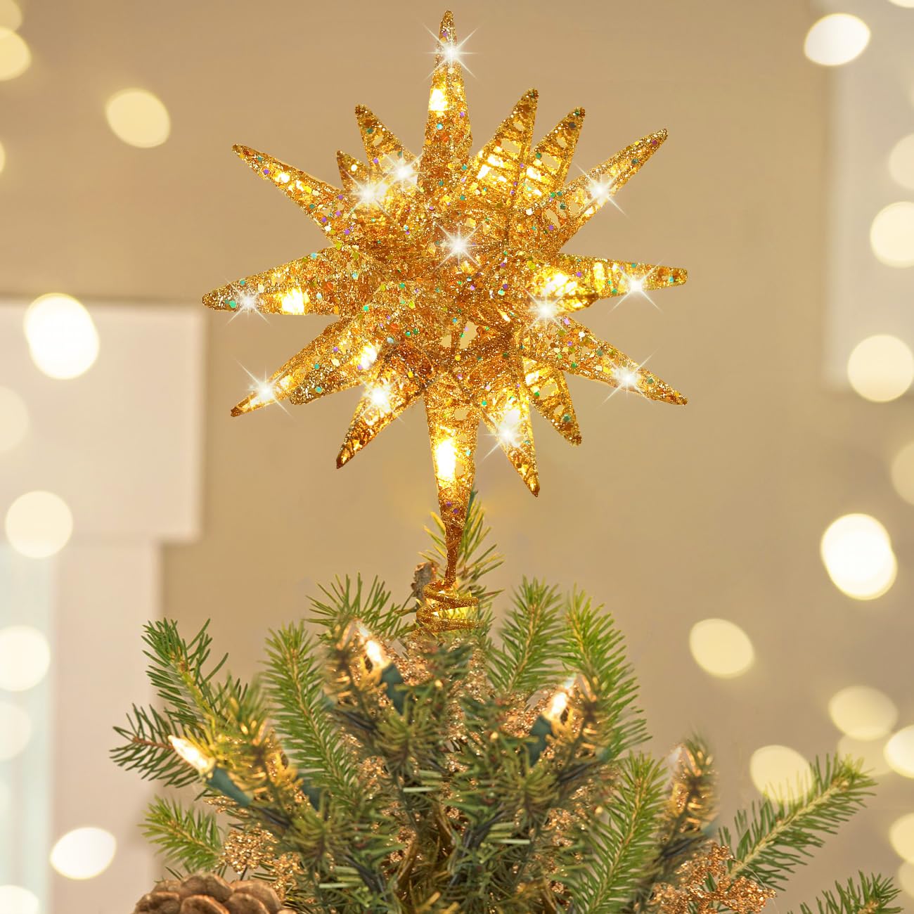 Photo 1 of Luxspire Christmas Tree Topper, 3D Star Lighted Tree Topper, Christmas Decorations, Plug in Christmas Tree Topper with Timer, Light Up Xmas Vintage Modern Ornaments Decor Lights for Home Party, Gold