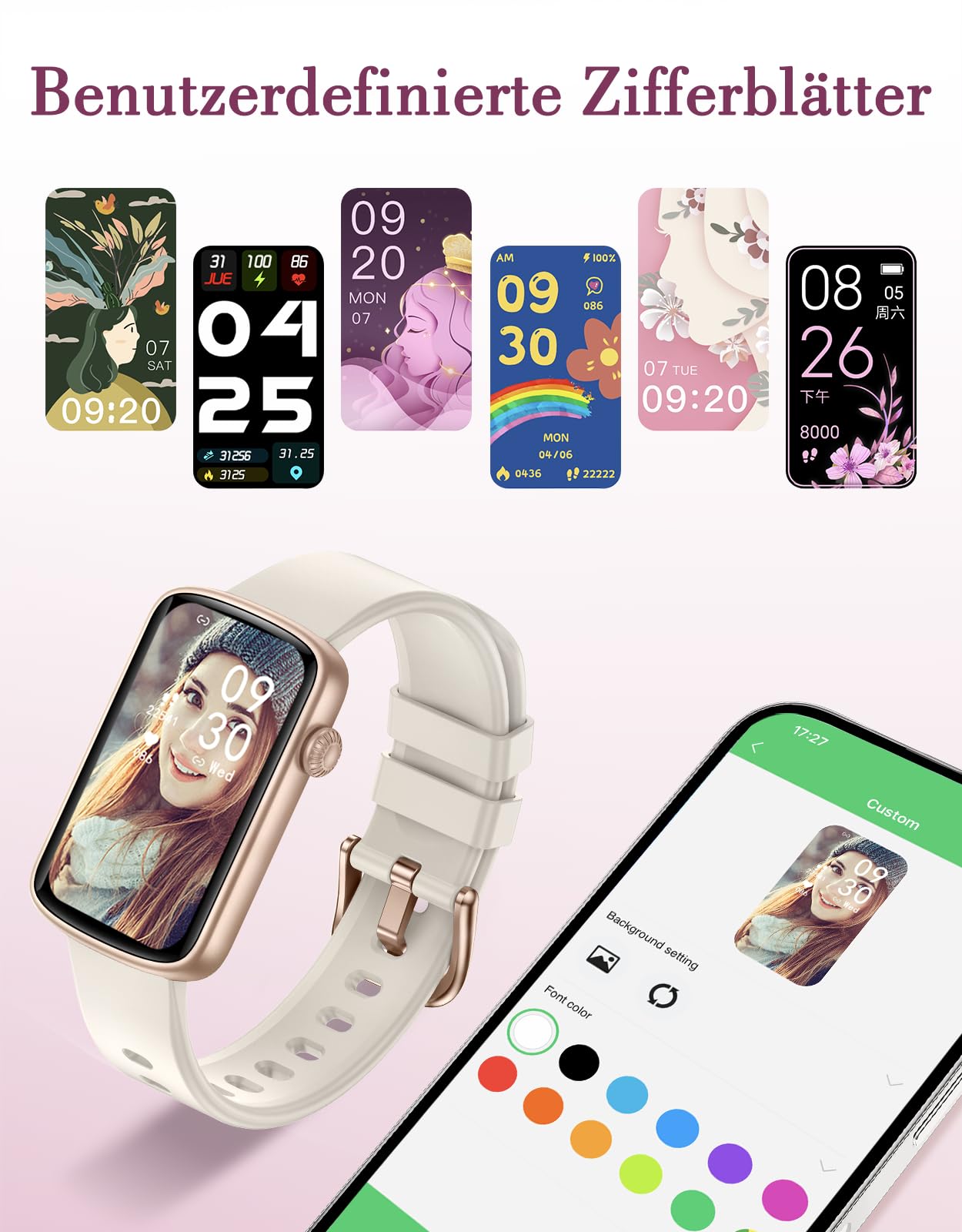 Smartwatch Damen 1.47'' Schmal Fitnessuhr mit Herzfrequenz SpO2 Schlafüberwachung Schrittzähler Kalorienzähler Menstruationszyklus Anruf Whatsapp Mitteilungen Fitness Tracker für Android iOS 7