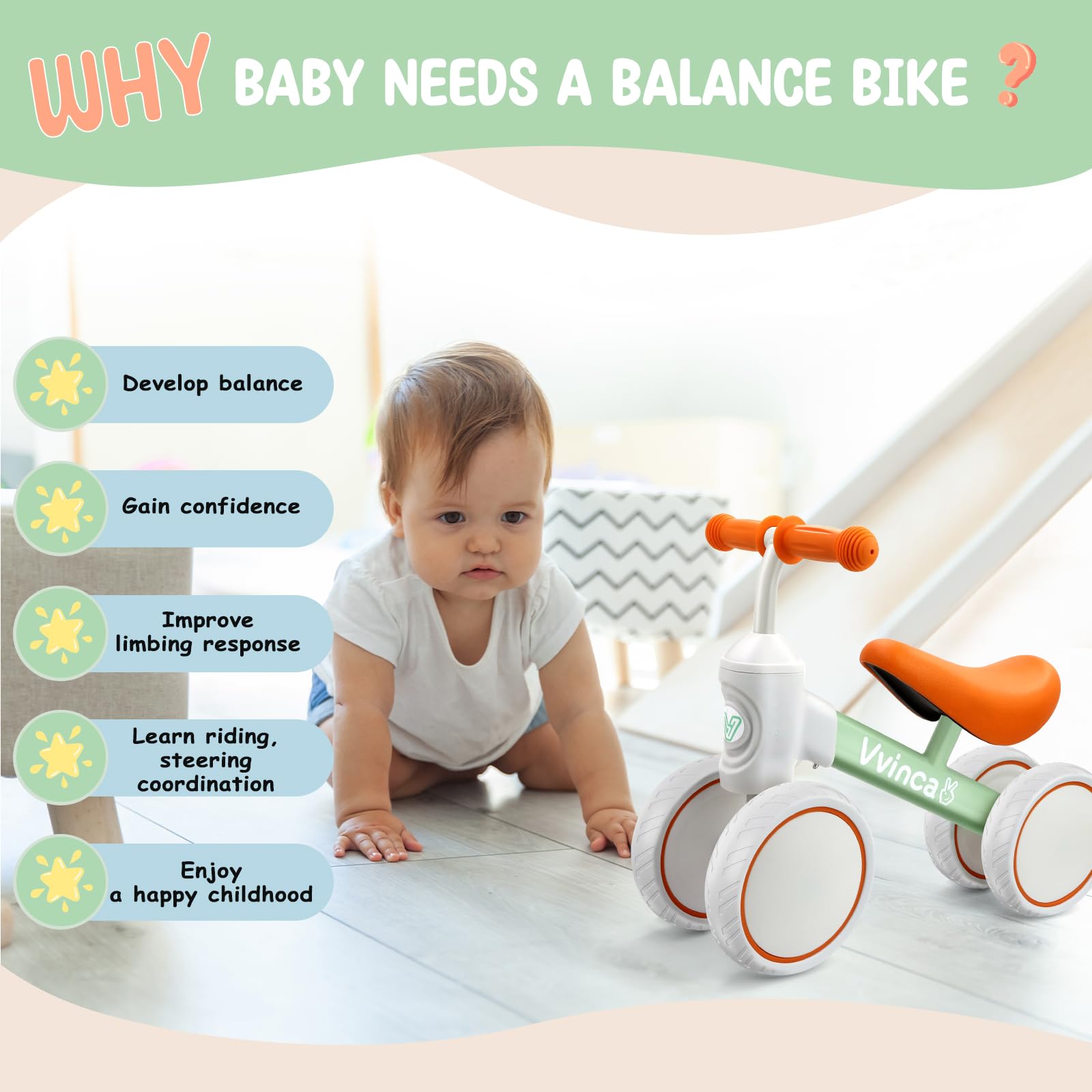 Baby Balance Bike for 1 Year Old Boys Girls, 10-24 Months Toddler Balance Bike with No Pedal 4 Silence Wheels Children First Birthday Toys Gifts Vvinca