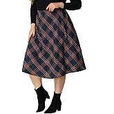 Agnes Orinda Plus Size Vintage Skirt for Women A-line Plaid Printed Flare Elastic High Waist Christmas Midi Skirts