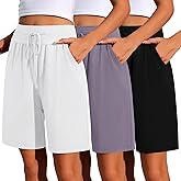 Neer 3 Pack Cotton Bermuda Shorts for Women Wide Leg High Waisted Drawstring Gym Shorts with Pocket(Black, Dark Gray, White,XXL)