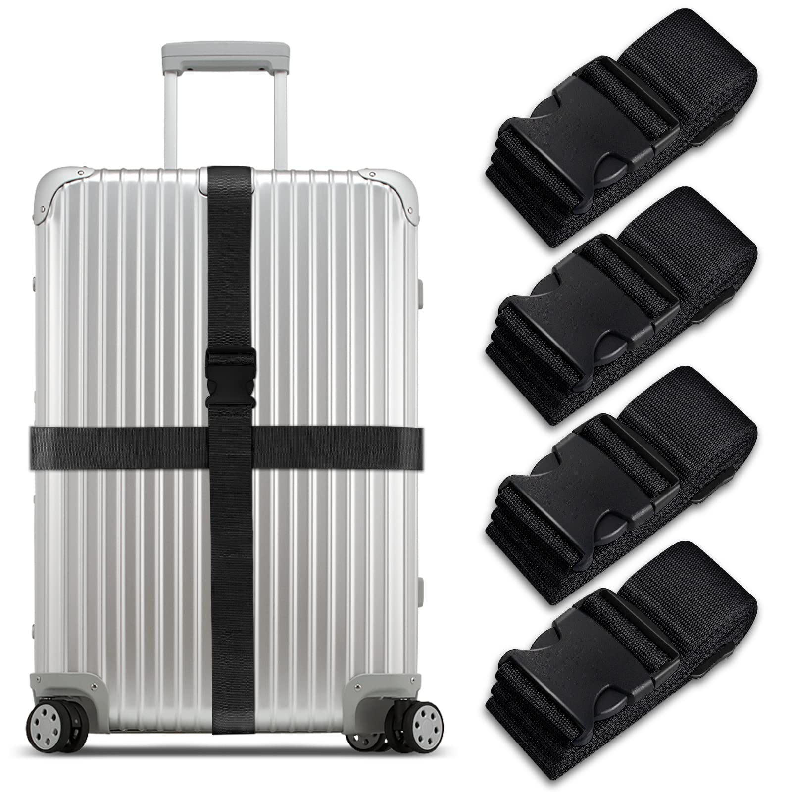 Luggage Suitcase Straps Set, Travel Accessories Thickened Luggage Belt with Quick Release Buckle, Adjustable Black Travel Luggage Straps for Suitcase Baggage (Black, 4 PCS Set)