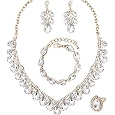 chaoyite Fashion V-Shaped Crystal Jewelry Set Bridal Wedding Choker Necklace Earrings Bracelet Ring for Women Bridesmaids Party Costume Accessories