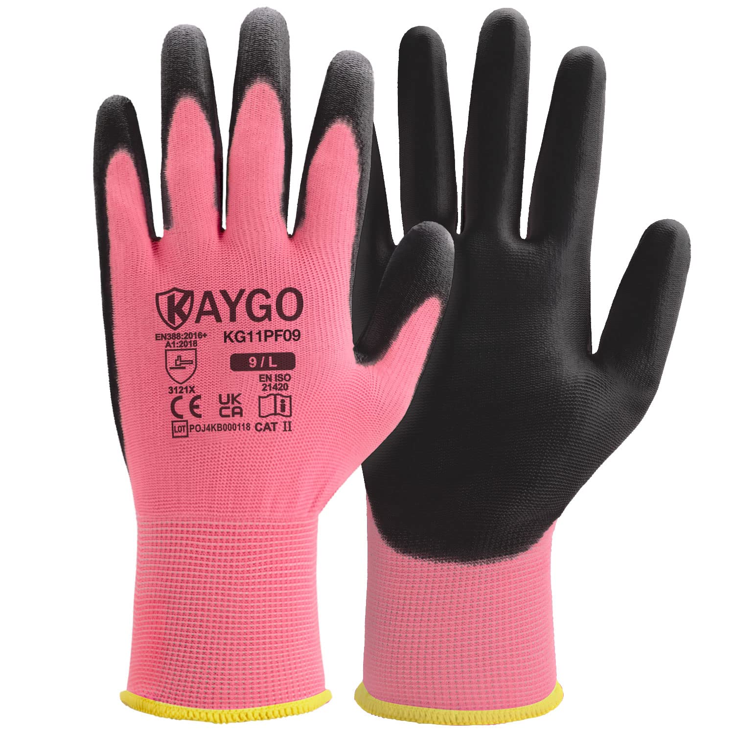 KAYGO Work Gloves PU Coated 12 Pairs, KG11PF, Safety Working Gloves with Secure Grip on Palm & Fingers, for Men and Women, Ideal for General Duty Work, Gardening(Large, Pink) — image 1