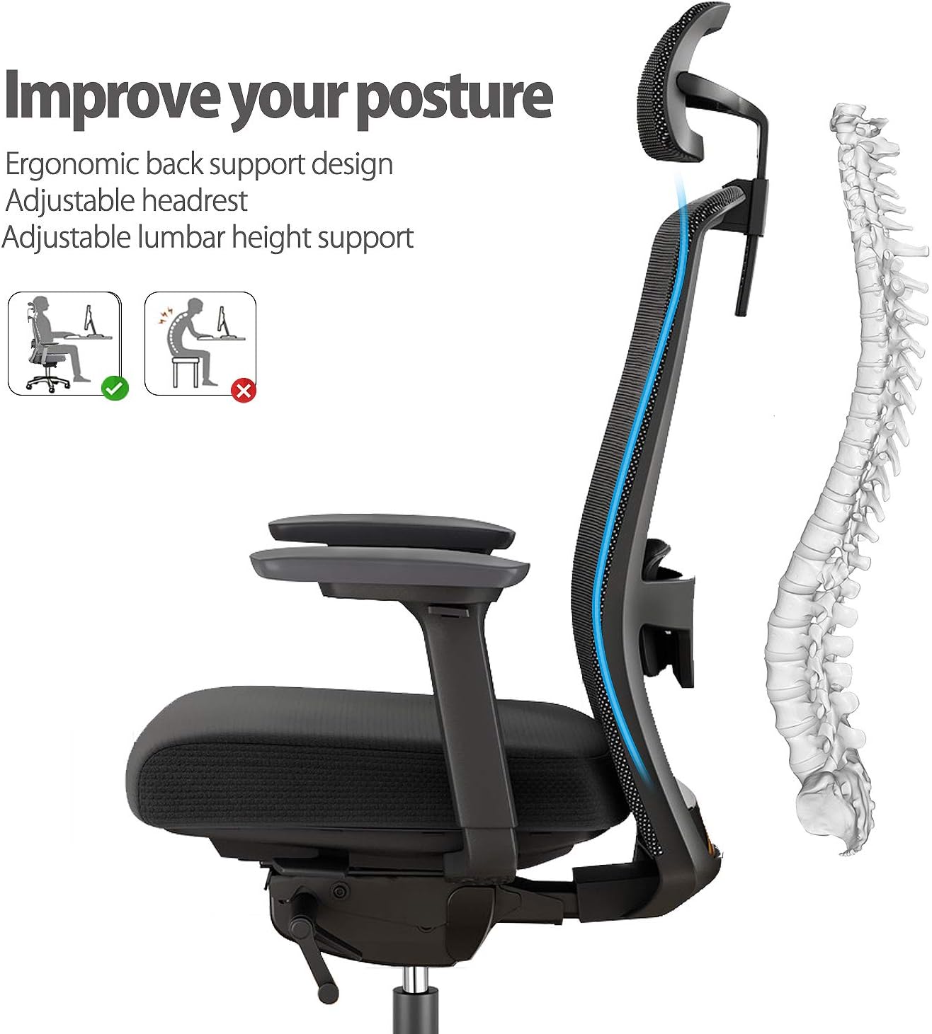 Duwinson Ergonomic Home Office Chair With 4-Way Adjustment Armrest, Mesh Computer Desk Chair - Image 3