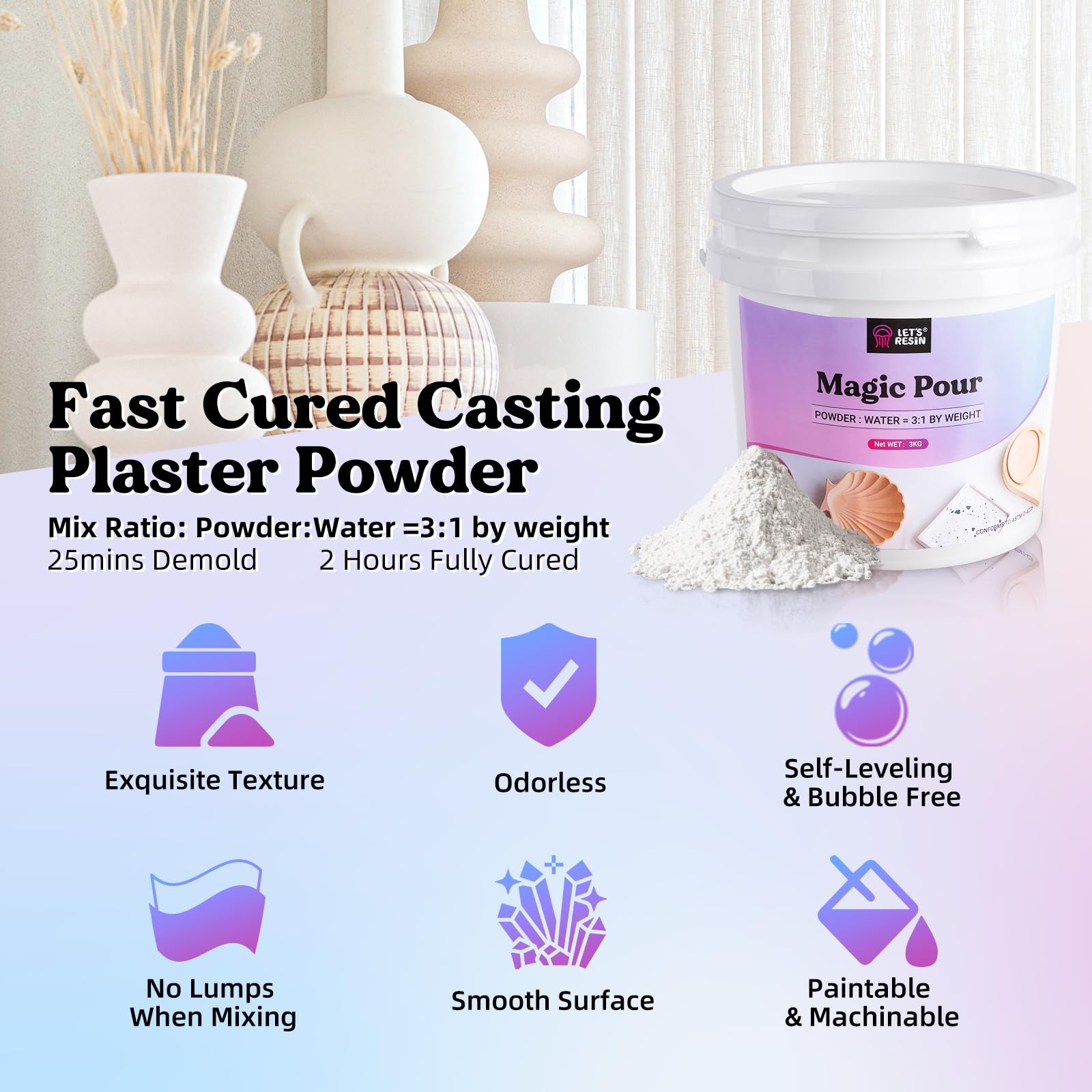 LET'S RESIN Resin Casting Powders 3000g, Fast Cured Casting Resin Kit for Beginners,20~30 Minutes De-Mold, Water Activated Plaster Powder Kit for Molds, Easy Mixing & Self Leveling