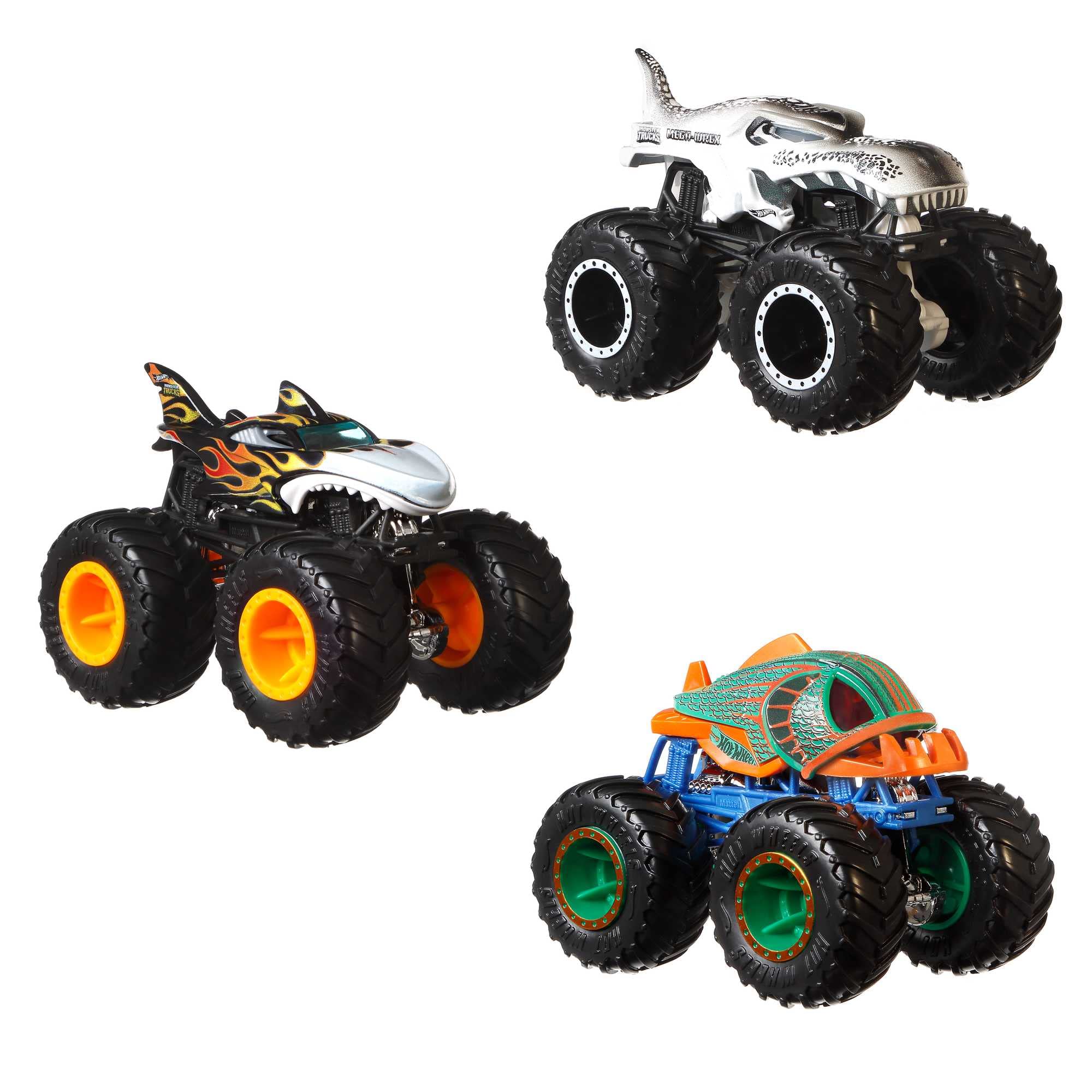 Hot Wheels Monster Trucks Creature 3-Pack of 1:64 Scale Toy Monster Trucks, Shark Wreak, Piran-ahh & Mega Wrex, Toy for Kids 3 Years Old & Older