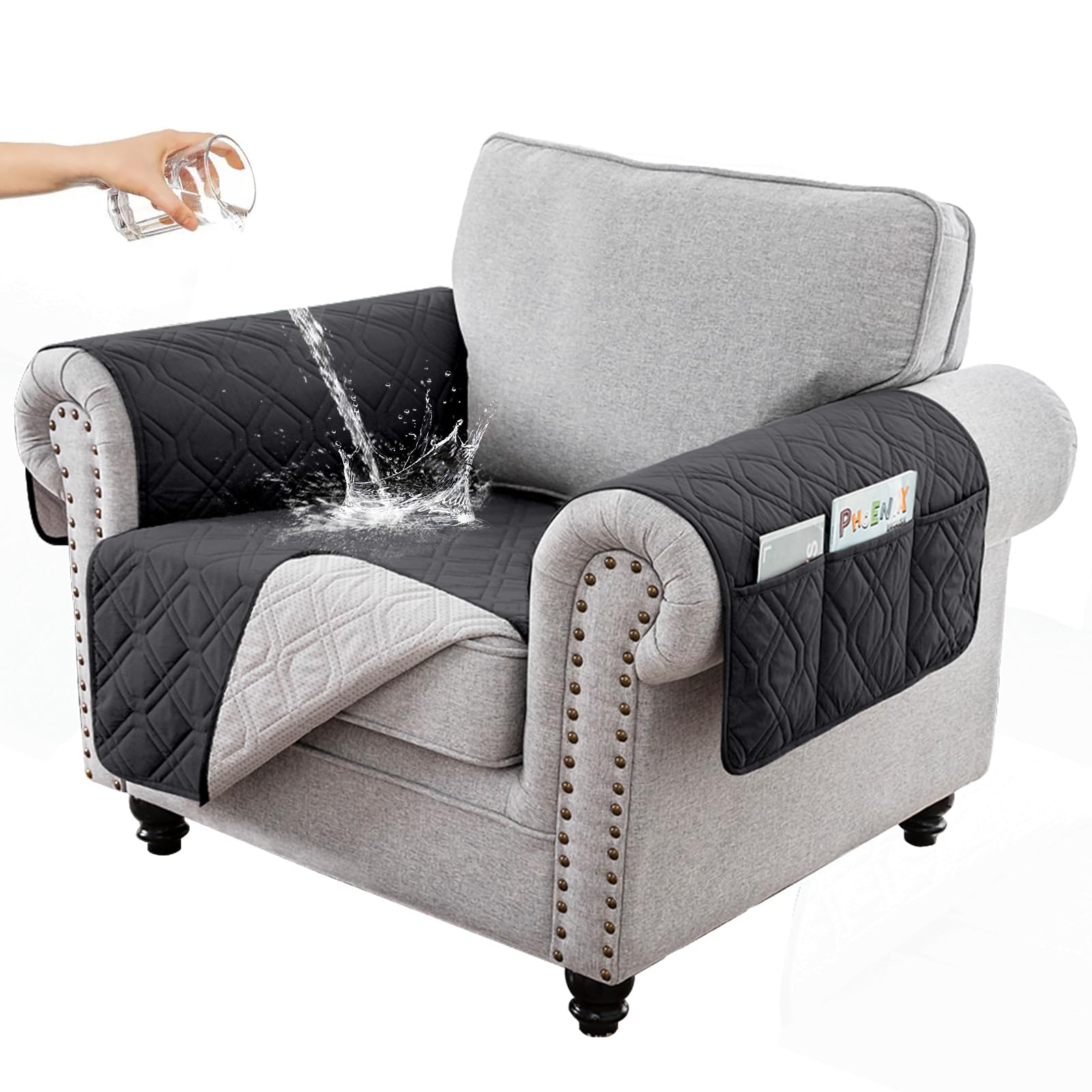 RAPRAP 100% Waterproof Armchair Cover with Side Pockets, Washable Anti-slip Chair Cover for Single Sofa Couch, Furniture Protector Cover for Pets Children Dog Cat, Black,1 Seater