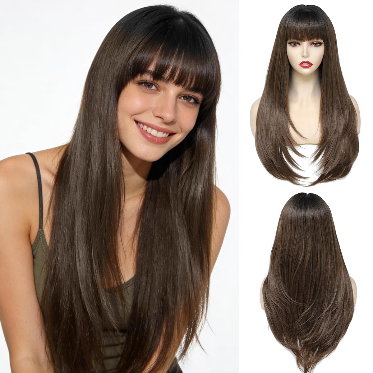 Yamel Hair Wigs with Fringe Balayage Brown 24 Inch Adjustable Cosplay or Daily Natural Straight Long Wigs for Women Lady