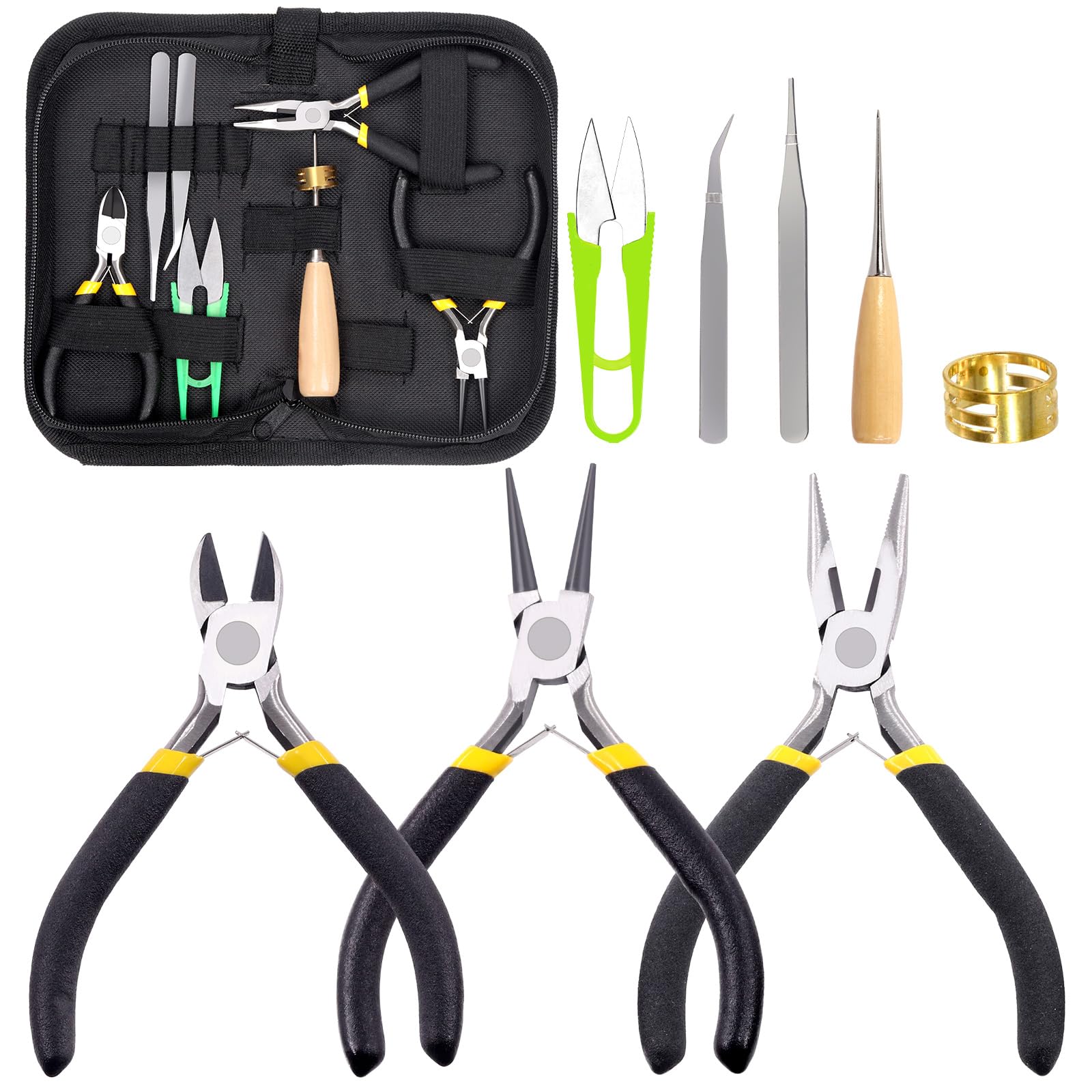 Glarks 8Pcs Jewelry Making Pliers Tools Kit: Needle Nose Pliers, Wire Cutters, Wooden Awl, Tweezers, Thimble Ring, U-Shaped Scissors for Repair and Beading