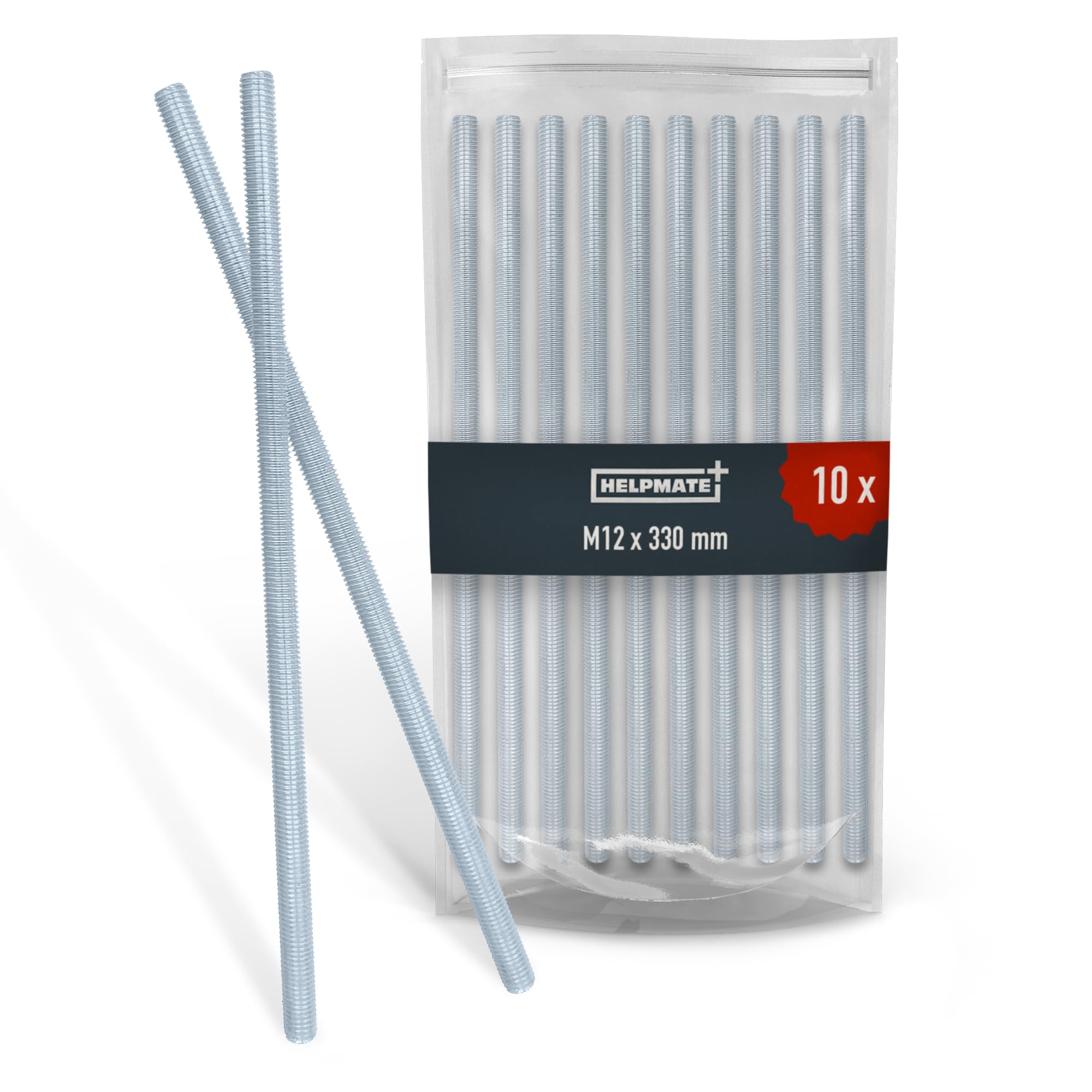 HELPMATE – Threaded rod M12 x 330 mm made of galvanised steel – 10 pieces of threaded bar with full metric thread – Threaded pin with strength class 4.8, DIN 976