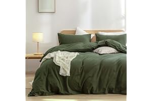 BESTOUCH Duvet Cover Set 100% Washed Cotton Linen Feel Super Soft Comfortable Chic Lightweight 3 PCs Home Bedding Set Olive Green King