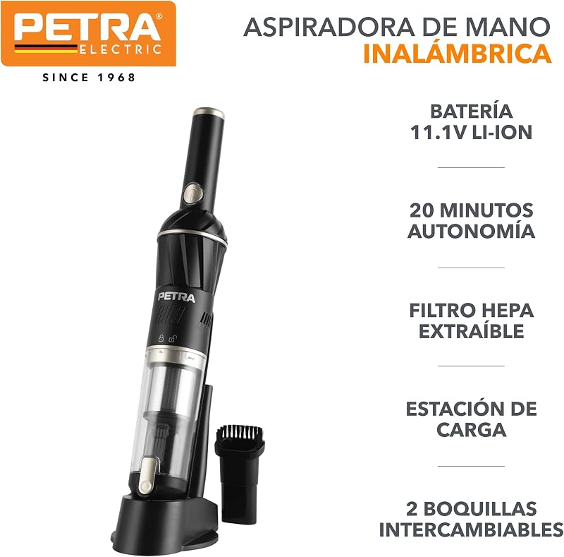 PF01096VDEEU7 Aspiradora de Mano Inalámbrica, 11,1 V, Base de Carga, Potente Batería Recargable,100 ml, Filtro HEPA, 20 Min Autonomía, Quitar Pelos de Mascota, con 2 Boquillas Intercambiables — foto 2 de 8
