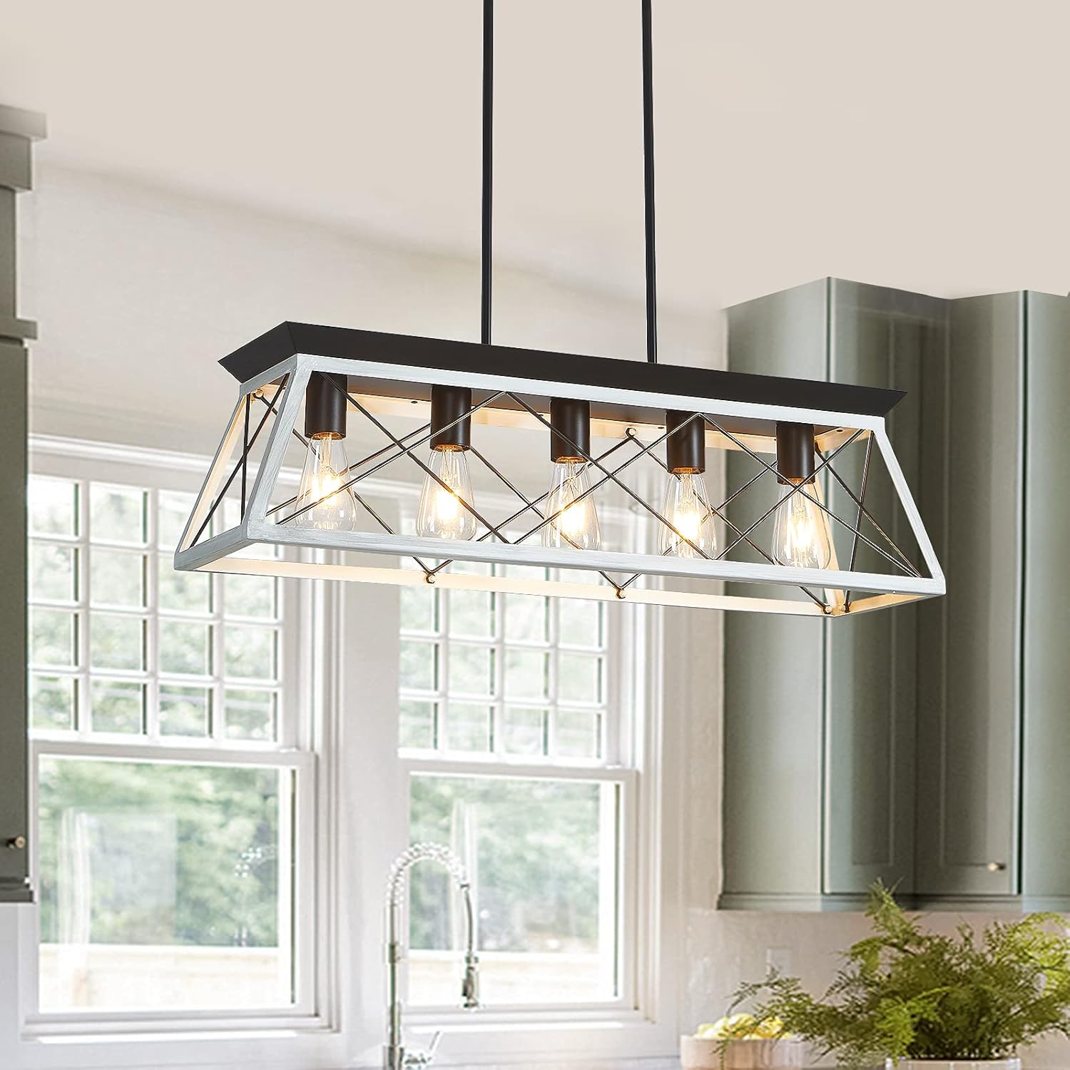 5-Light Farmhouse Kitchen Island Chandelier, Metal Linear Island Pendant Light Fixtures in White Finish for Dining, Living Room, Bar, Restaurants (White, 5-Light) - - 