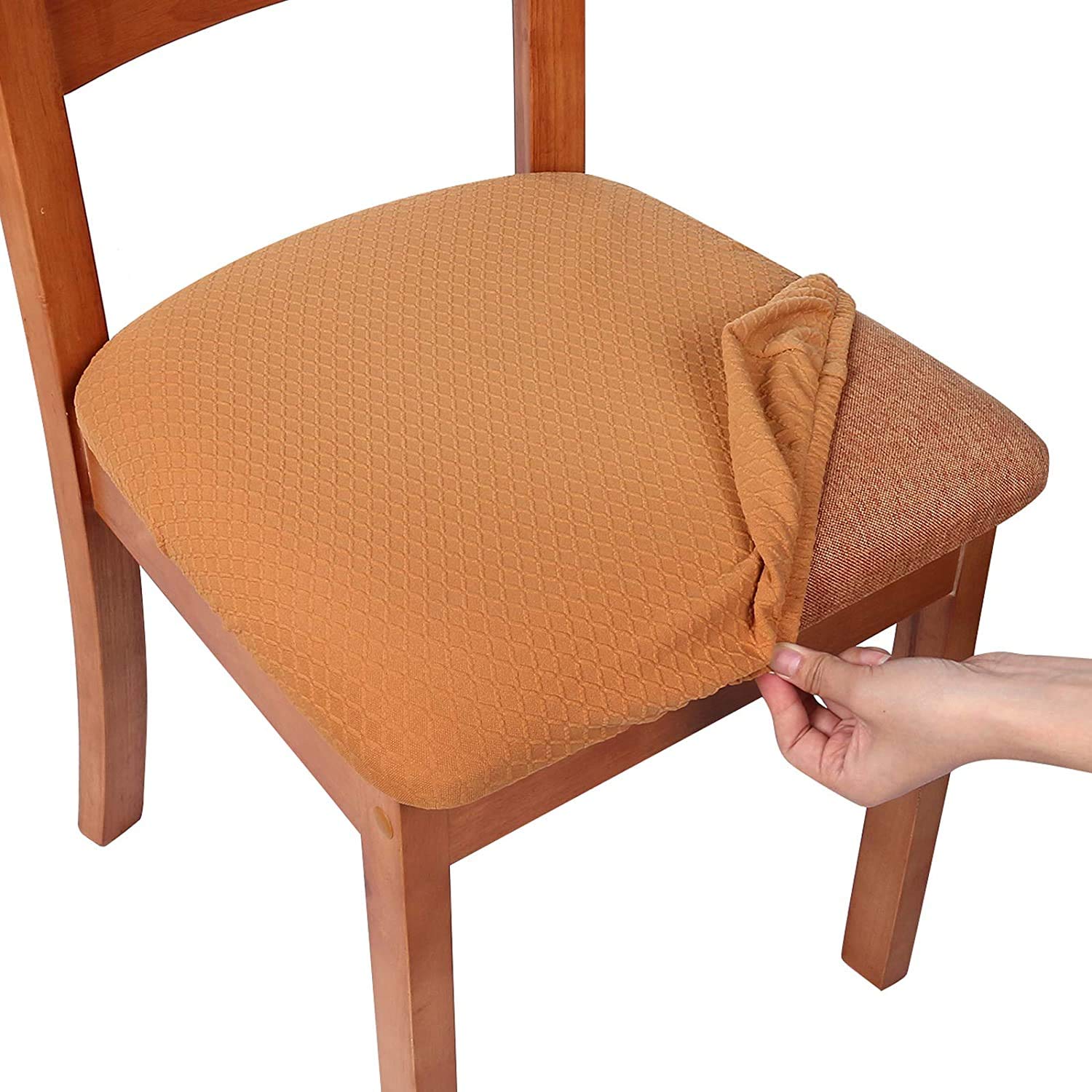 smiry Stretch Chair Seat Covers for Dining Room, Camel Set of 6 Jacquard Dining Chair Seat Protectors Chair Slipcovers
