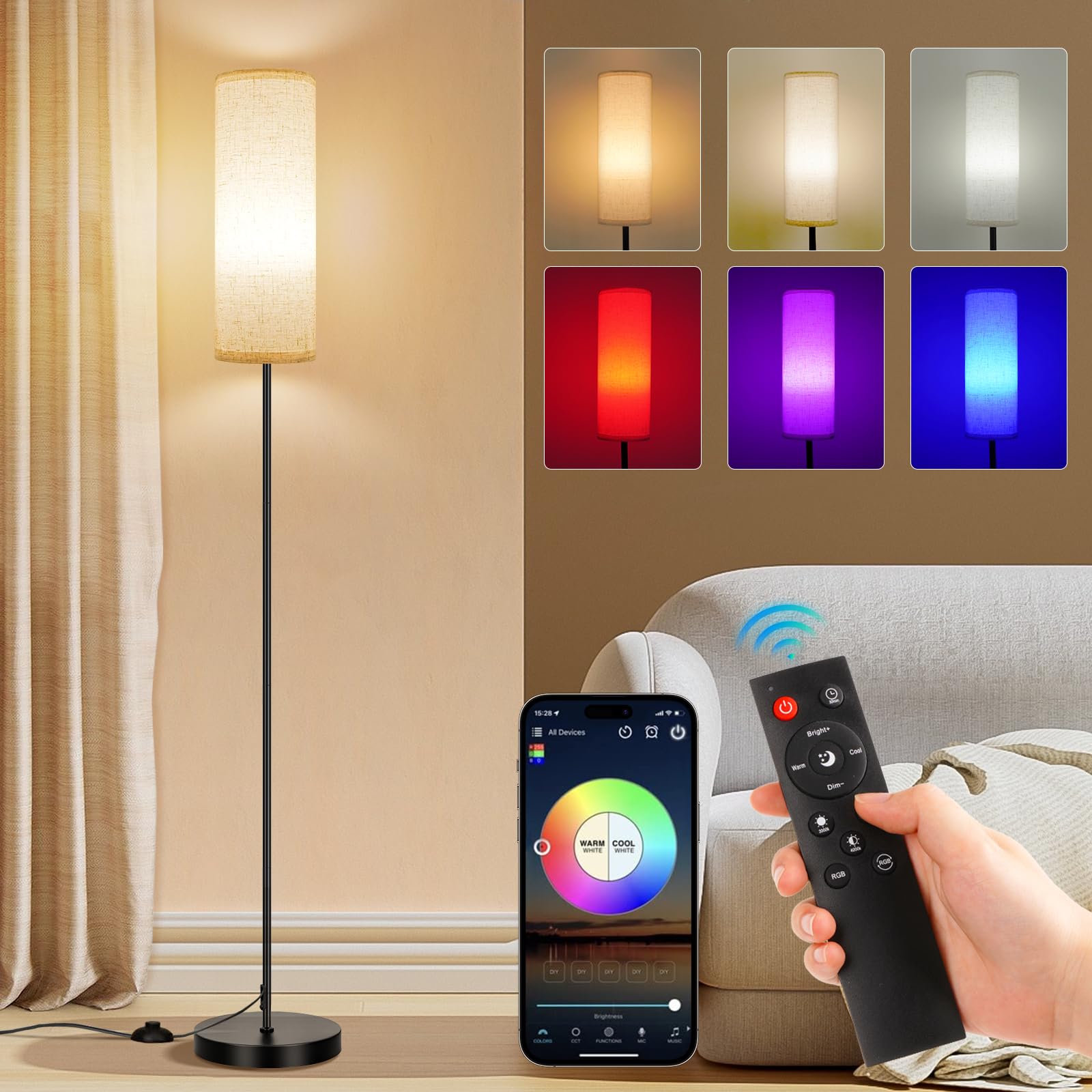 Photo 1 of FRIDEKO HOME Floor Lamps for Living Room, Dimmable 3 Colors Temperature, Modern Corner Floor Lamp with Remote, Tall LED Standing Lamps for Kid Room Bedroom, Foot Switch, Beige Shade, 9W Smart Bulb