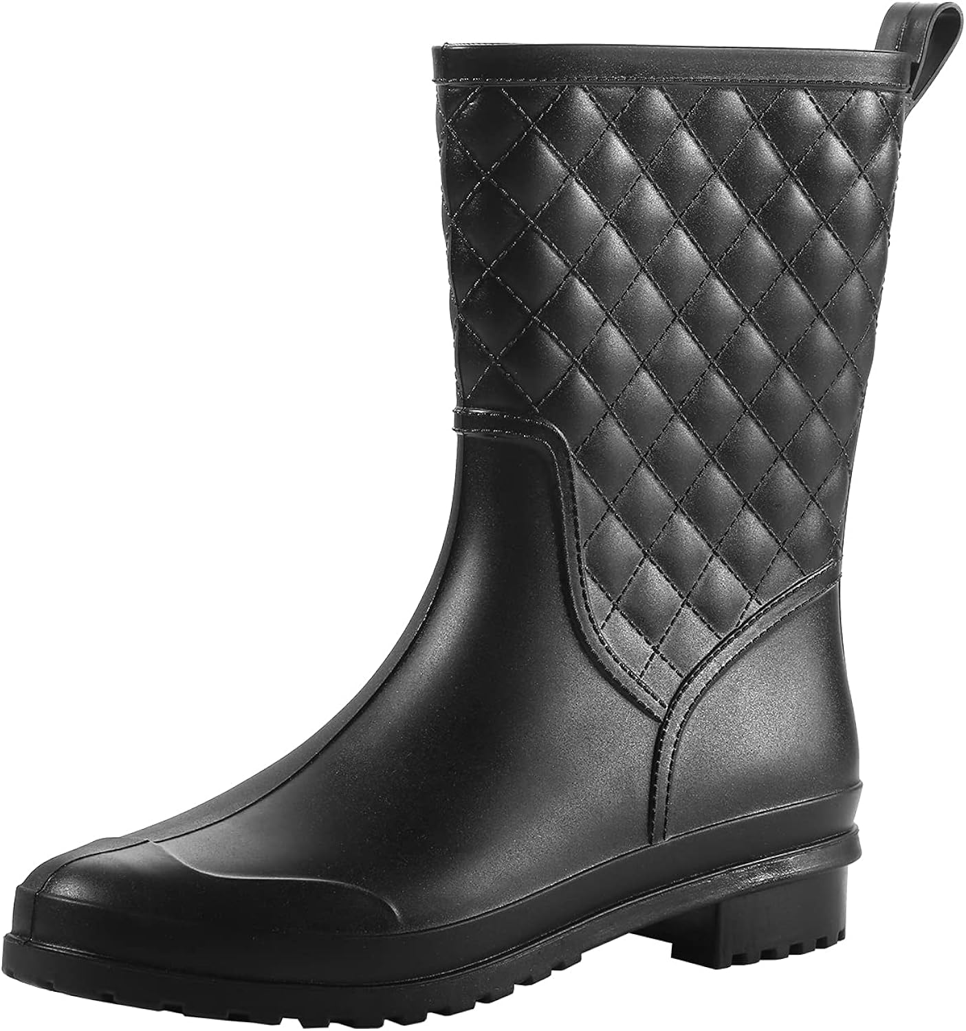  | Petrass Women Rain Boots Black Waterproof Mid Calf Lightweight Cute Booties Fashion Out Work Comfortable Garden Shoes | Rain Footwear