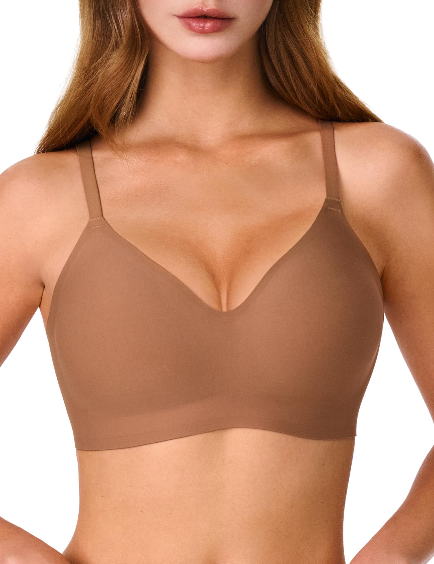Lehoba Bras for Women, No Underwire Full Coverage V Plunge Bra Wireless Seamless Comfort Bralette T-Shirts Everyday Bras Chocolate