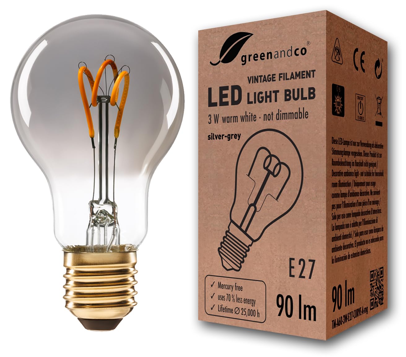 greenandco® E27 A60 LED Vintage Filament Bulb Silver Grey 3W 90lm 1800K Extra Warm White 360° 230V, no Flicker, not dimmable — image 1