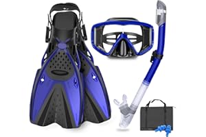 AosDero Mask Fins Snorkeling Gear for Adults Men Women, Panoramic View Diving Mask, Anti-Fog Dry Top Snorkel, Adjustable Freediving Swimming Fins/Flippers, Travel Bags for Lap Swimming
