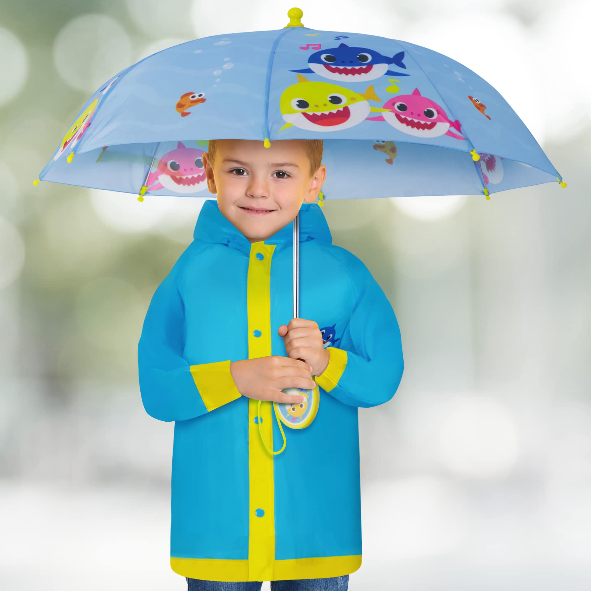 Nickelodeon Boys Umbrella and Poncho Raincoat Set, Baby Shark Boys Rain Wear For Toddler 2-3 Or Kids 4-5