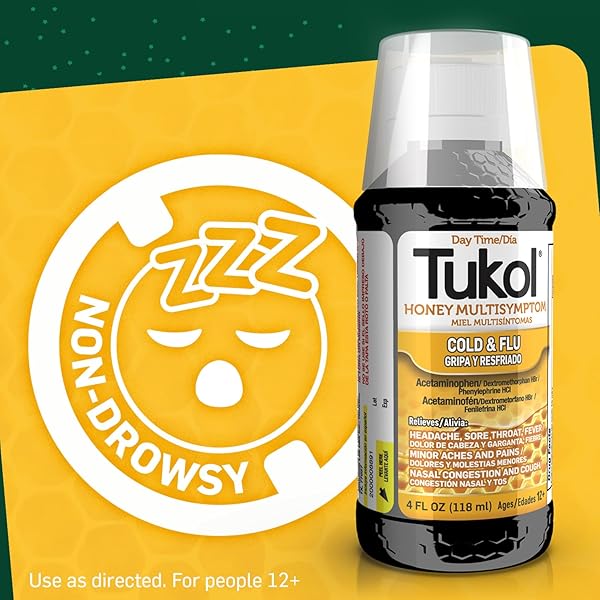 TUKOL HONEY MULTI-SYMPTOM COLD & FLU MEDICINE FOR ADULTS – DAYTIME COUGH SUPPRESSANT, SORE THROAT RELIEF, NASAL CONGESTION, FEVER REDUCER, CHEST CONGESTION RELIEF, AGES 12+, 4 FL OZ
